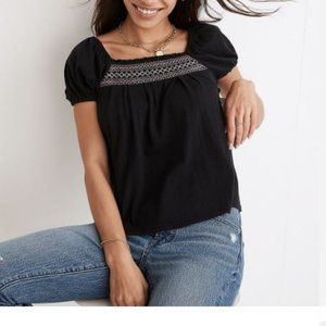 Madewell Plus Black Peasant Cotton Embroidered Square Neck Top Blouse 2X Gauze